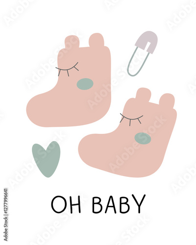 Vector cute baby shower card with little booties and  with heart. Vector illustration of cute little booties. Oh baby card