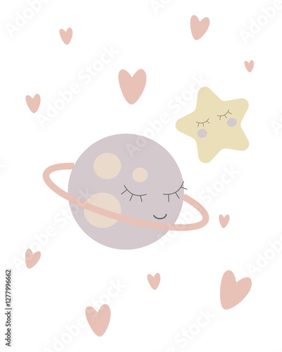 Vector cute children card with little planet and star with hearts. Vector illustration of cute little space.