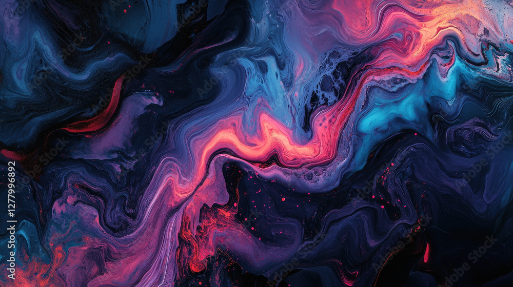 Obraz premium Dark neon abstract liquid painting with glowing pink and blue swirling textures