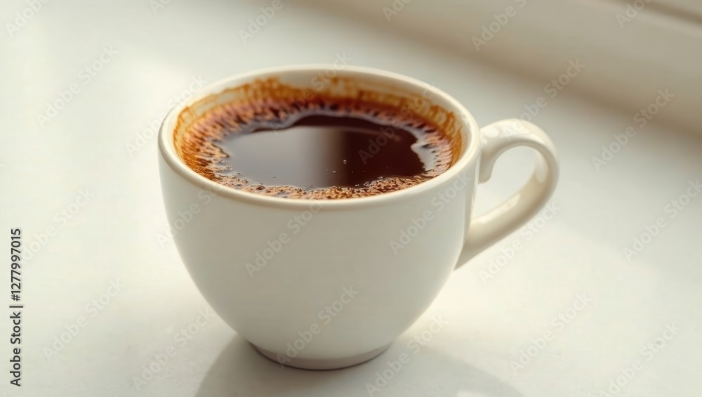 Aromatic Dark Roast Coffee in a Simple White Mug, Enjoying a Moment of Tranquility Aromatic Dark Roast Coffee in a Simple White Mug, Enjoying a Moment of Tranquility