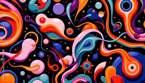  Vibrant Abstract Pattern with Colorful Swirls and Circles on a Black Background