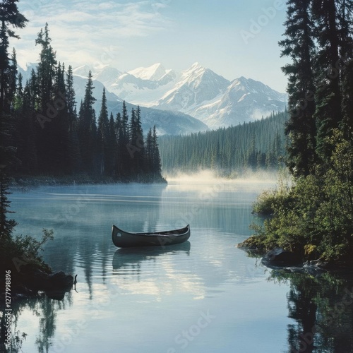 Tranquil Mountain Lake: Reflective Waters and Snow-Capped Peaks Surrounded by Dense Forests
