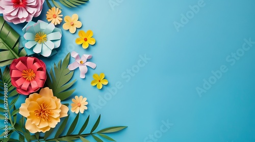 Wallpaper Mural Vibrant top-down display of colorful paper cut flowers with lush green leaves on a serene blue background with ample copy space Torontodigital.ca