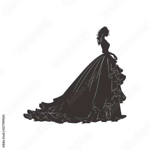Silhouette of a young pretty woman in long dress with frill, fluffy skirt. Bride silhouette in luxury ball gown for design, prints, posters, decor, web. Slim female vintage style dress	