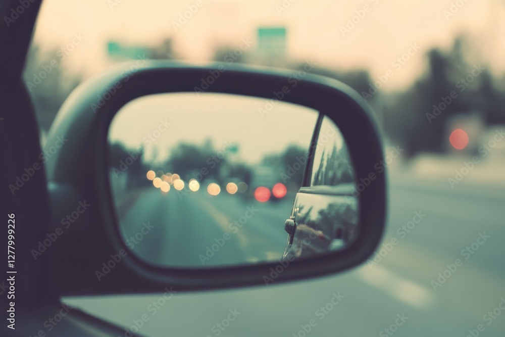Reflection of City Lights in Rearview Mirror of a Car Reflection of City Lights in Rearview Mirror of a Car