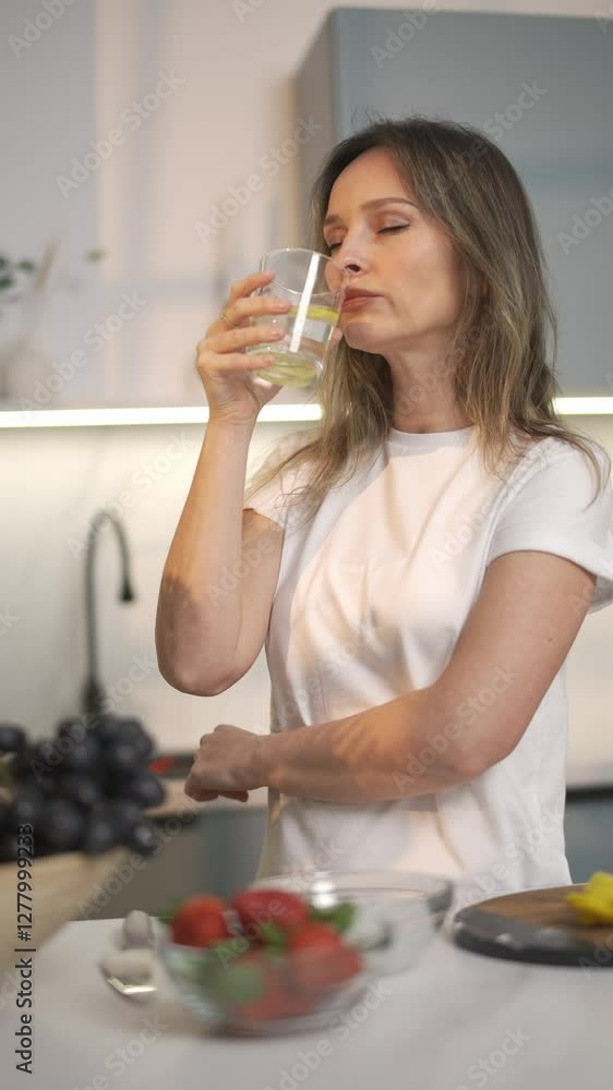 Vertical video, portrait of a woman drinking water from glass standing in the kitchen at home, health care and water balance. Vertical video, portrait of a woman drinking water from glass standing in the kitchen at home, health care and water balance.