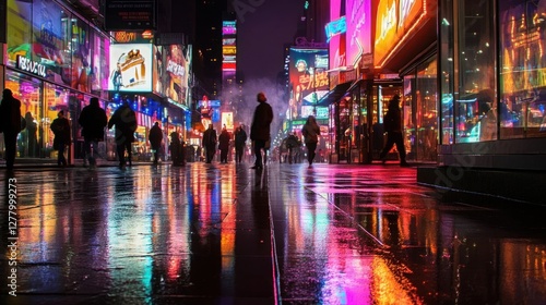 Vibrant City Street at Night: Neon Lights and Reflections on Wet Pavement with Pedestrians