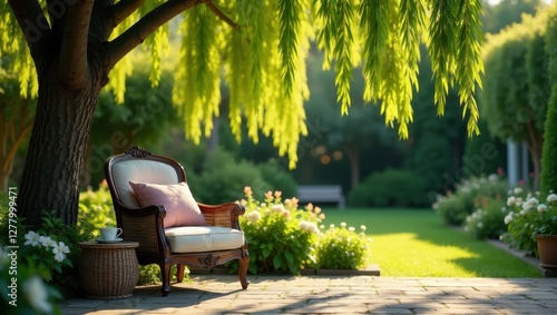 Serene Garden Patio Chair Scene  Relaxing under weeping willow, enjoying peaceful morning