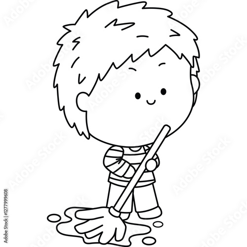 a vector of a boy moping in black and white coloring