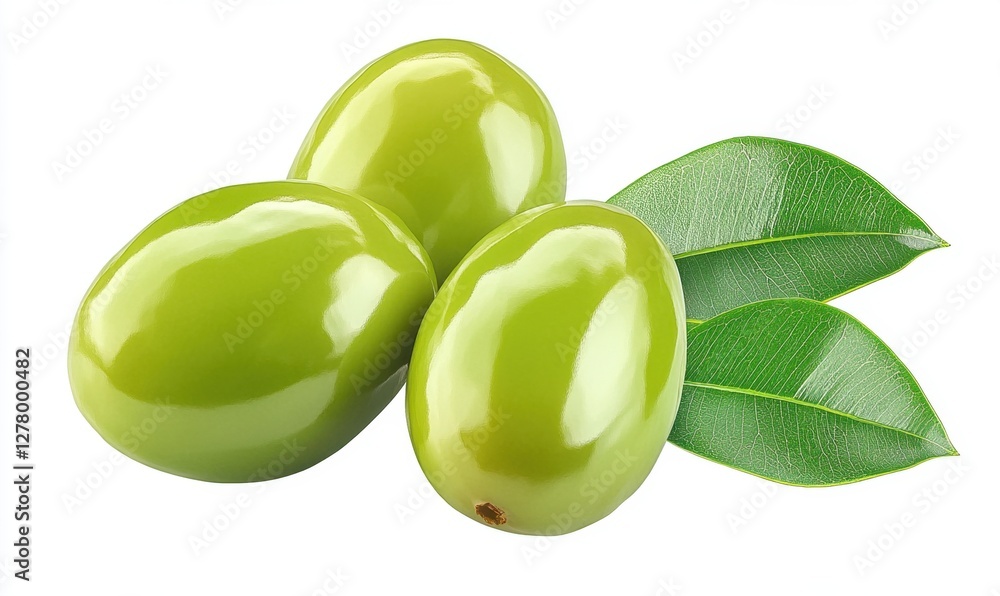 Three vibrant green olives resting on fresh green leaves, showcasing their glossy texture and natural beauty Three vibrant green olives resting on fresh green leaves, showcasing their glossy texture and natural beauty