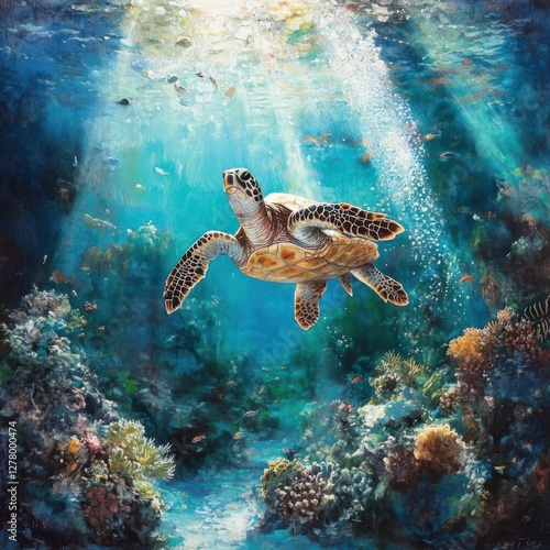 Majestic Sea Turtle Gliding Through Vibrant Underwater Scene in Crystal-Clear Turquoise Waters