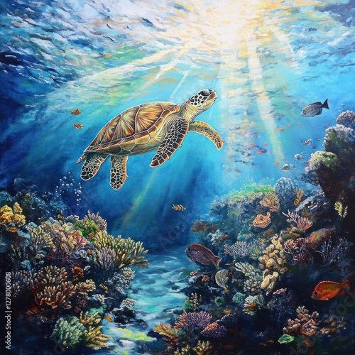Majestic Sea Turtle Gliding Through Vibrant Underwater Scene in Crystal-Clear Turquoise Waters