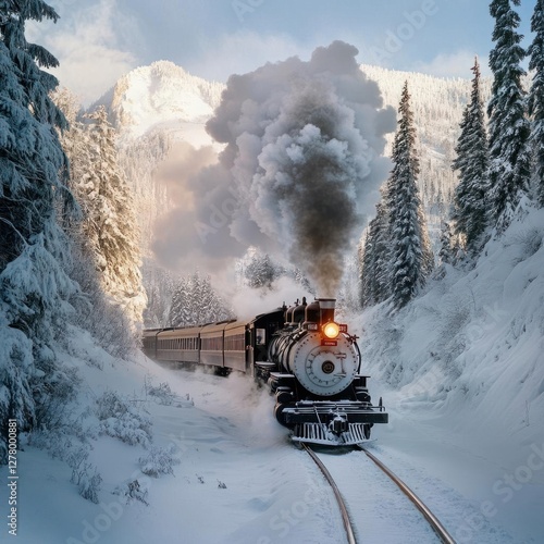 Vintage Steam Train Journey Through Snowy Mountain Pass: A Captivating Winter Scene