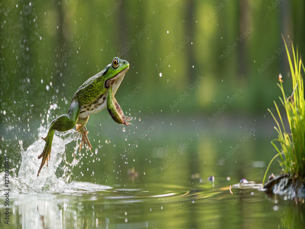Obraz premium Generative AI illustration of frog in the pond. .green frog leaps gracefully into a calm pond.