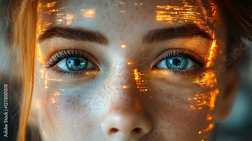 Gaze of Tomorrow: A close-up of a woman's captivating blue eyes, enhanced with futuristic digital overlay, conveying a sense of technological integration and the future of humanity.