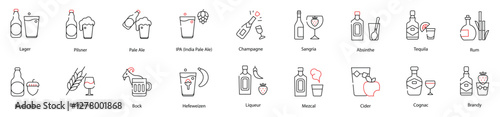 Vector Icons Set - Champagne, Sangria, Absinthe, Tequila, Rum, Cognac, Brandy