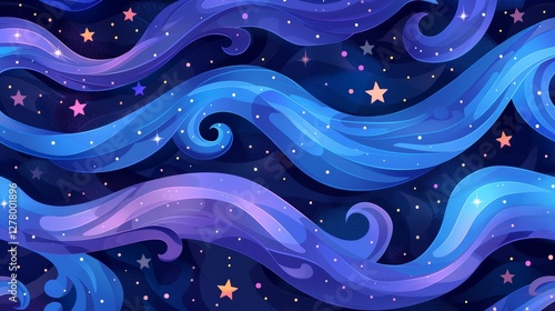 Cartoon night sky swirls, starry, seamless pattern