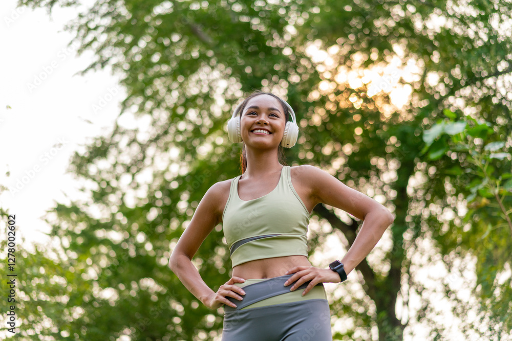 Young Asian Woman Enjoying Music while Stretching Outdoors. Beautiful Fit Lady Practicing Fitness and Wellness Lifestyle in Nature with Headphones Young Asian Woman Enjoying Music while Stretching Outdoors. Beautiful Fit Lady Practicing Fitness and Wellness Lifestyle in Nature with Headphones