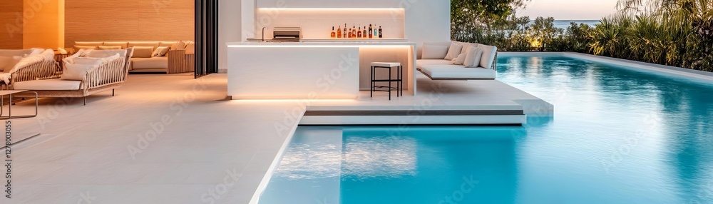 Fototapeta premium Sleek outdoor kitchen with a swim-up bar and floating seating area, luxury resort feel