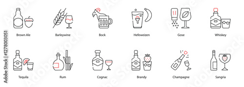Vector Icons Set - Brown Ale, Barleywine, Bock, Hefeweizen, Gose, Whiskey, Tequila, Rum, Cognac, Brandy, Champagne, Sangria