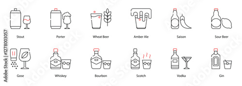 Vector Icons Set - Stout, Porter, Whiskey, Bourbon, Scotch, Vodka, Gin