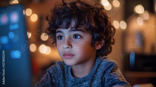 Child's Discovery: A young child is captivated by the glowing screen of a laptop, his eyes reflecting a blend of wonder and curiosity, set against a backdrop of warm, blurred lights.