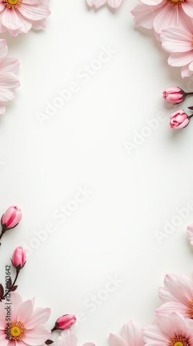 Pink flowers and buds arranged as floral frame on white background. Copy space for greeting card, wedding invitation, or spring design