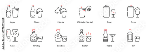 Vector Icons Set - Pilsner, Whiskey, Pale Ale, IPA (India Pale Ale), Stout, Porte