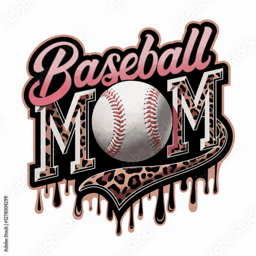 Stylish Baseball Mom Design with Leopard Print and Dripping Effec
