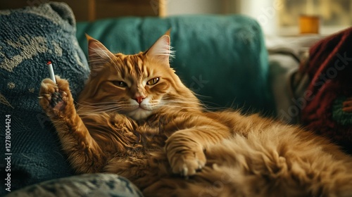 A ginger cat lounges on a couch, cigarette in paw, with a nonchalant air. Humorous image for concepts of relaxation, bad habits, or rebellion.