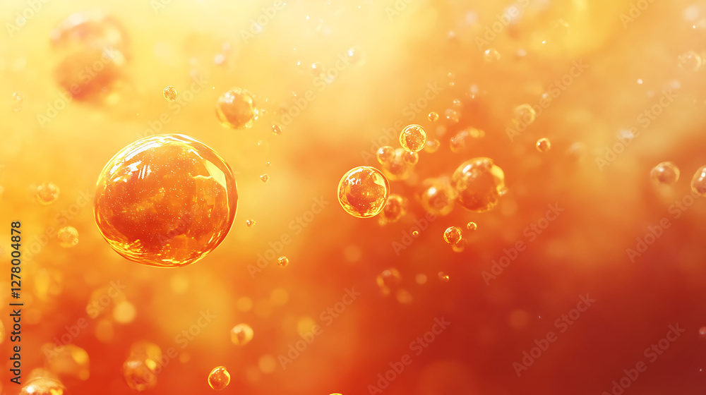 Golden Spheres Floating in Amber Liquid Golden Spheres Floating in Amber Liquid