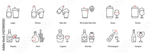Vector Icons Set - Brown Ale, Barleywine, Bock, Hefeweizen, Gose, Whiskey, Champagne, Sangria, Absinthe, Liqueur, Mezcal, Cider