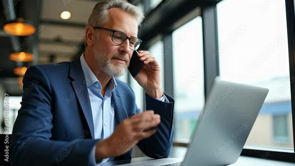 Confident Elderly Man in Business Attire Engaged in a Phone Call While Working on a Laptop in a Modern Office Setting with Large Windows Confident Elderly Man in Business Attire Engaged in a Phone Call While Working on a Laptop in a Modern Office Setting with Large Windows