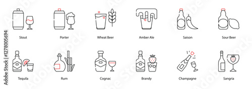 Vector Icons Set - Stout, Porter, Wheat Beer, Amber Ale, Saison, Sour Beer, Tequila, Rum, Cognac, Brandy, Champagne, Sangria