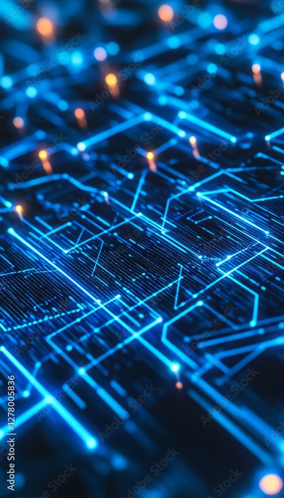 Obraz premium Vibrant blue digital grid background with glowing effects and intricate 3d elements for tech design