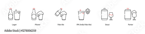 Vector Icons Set - Lager, Pilsner, Pale Ale, IPA (India Pale Ale), Stout, Porter