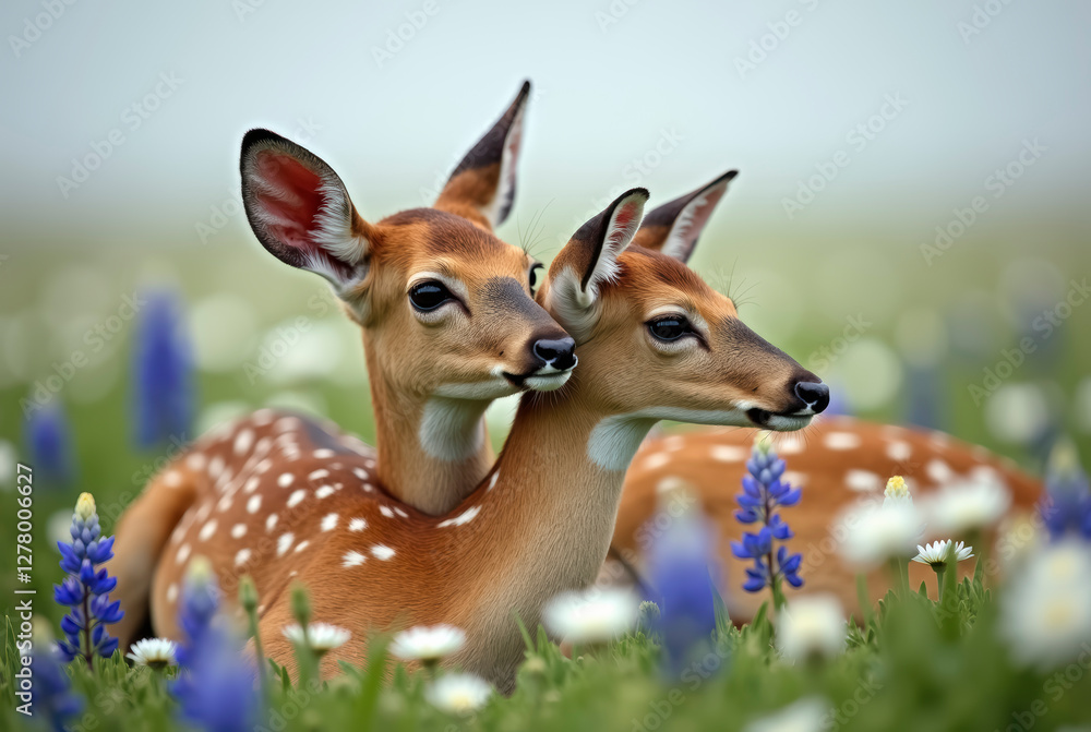 Fototapeta premium Two young deer in a field of wildflowers