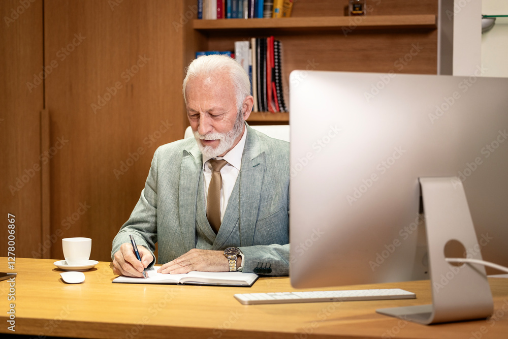 Senior CEO working in the office analyzing financial results and taking notes in his planner. Senior CEO working in the office analyzing financial results and taking notes in his planner.