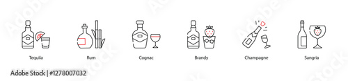 Vector Icons Set - Tequila, Rum, Cognac, Brandy, Champagne, Sangria