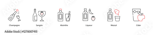 Vector Icons Set - Champagne, Sangria, Absinthe, Liqueur, Mezcal, Cider