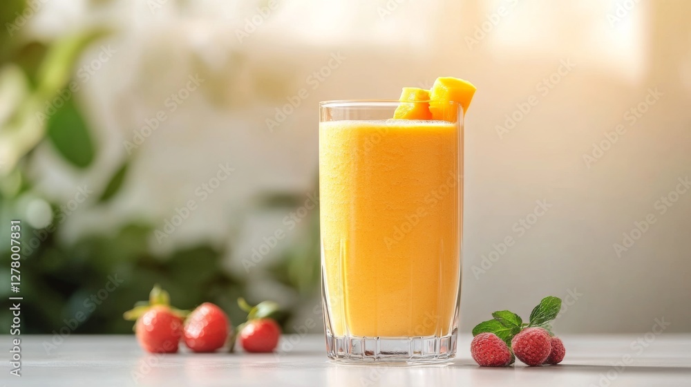 blender with glass of smoothie ad, perfectly blended mango smoothie, golden sunlight, healthy lifestyle atmosphere blender with glass of smoothie ad, perfectly blended mango smoothie, golden sunlight, healthy lifestyle atmosphere