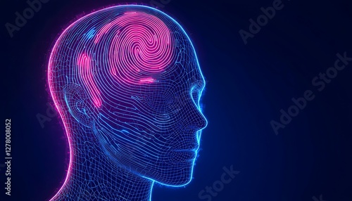 Digital human head, neon blue and pink, wireframe texture, glowing brain, futuristic, cyberpunk, neural network, artificial intelligence, side profile, holographic, translucent, intricate details photo