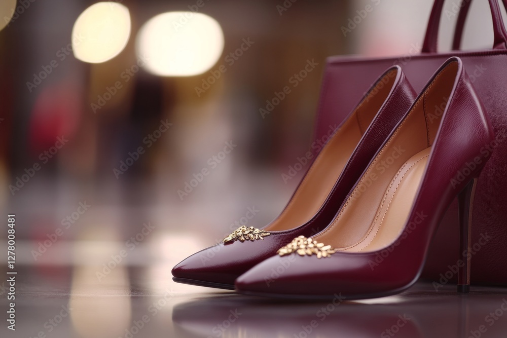 Close-up of dark cherry high-heeled shoes and handbag showcasing retro glamour and chic nostalgia Close-up of dark cherry high-heeled shoes and handbag showcasing retro glamour and chic nostalgia