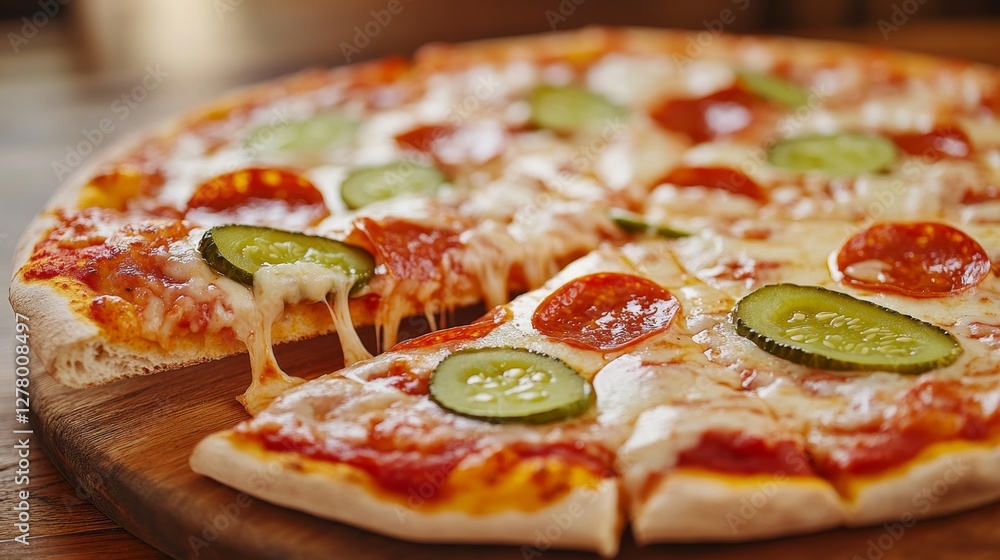 Crispy pizza with pickles and pepperoni served on a wooden stand, showcasing melting cheese in warm lighting Crispy pizza with pickles and pepperoni served on a wooden stand, showcasing melting cheese in warm lighting