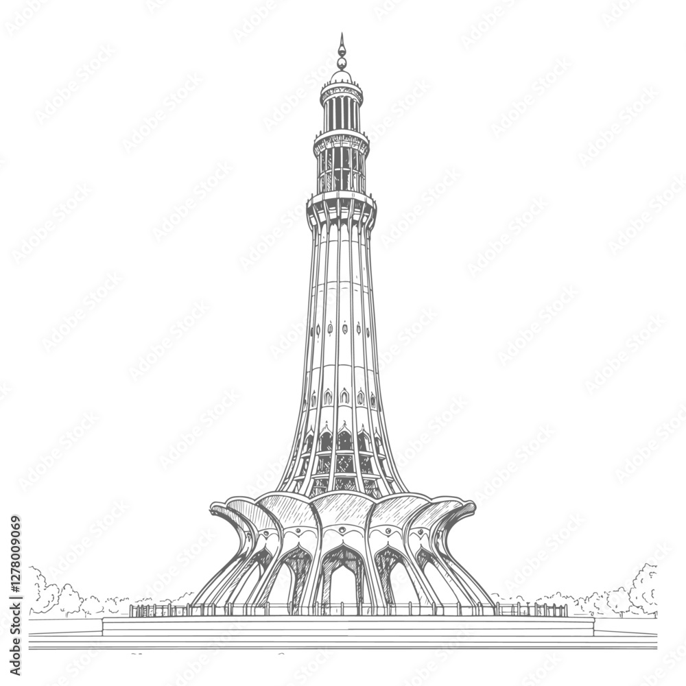 Obraz premium Detailed black and white line art illustration of Minar-e-Pakistan, historical landmark and national monument in Lahore, Pakistan, with intricate architectural design and surrounding landscape