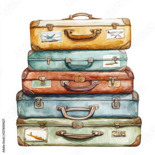 Illustration painted watercolor suitcases stacked evokes travel adventure