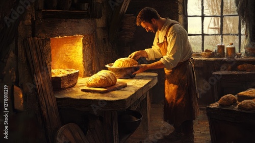 The Baker's Warm Haven: A Rustic Scene of Bread Making