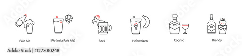 Vector Icons Set - Pale Ale, IPA (India Pale Ale), Bock, Hefeweizen, Cognac, Brandy