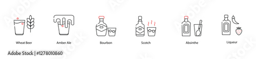 Vector Icons Set - Wheat Beer, Amber Ale, Bourbon, Scotch, Absinthe, Liqueur