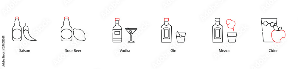 Vector Icons Set - Saison, Sour Beer, Vodka, Gin, Mezcal, Cider Vector Icons Set - Saison, Sour Beer, Vodka, Gin, Mezcal, Cider